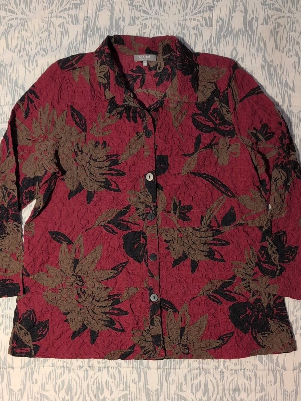 Habitat Pucker Weave Floral Button Front Tunic Medium Cranberry